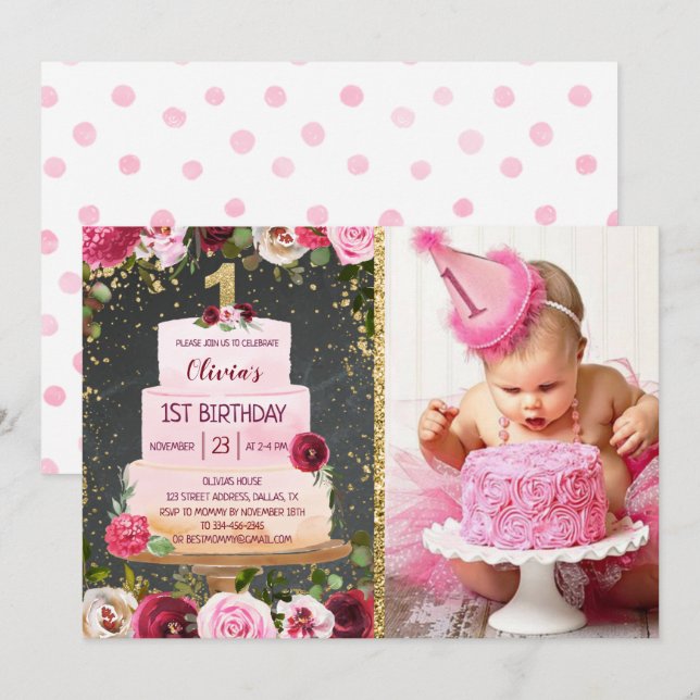 Gâteau Floral 1er Anniversaire Invitation Avec Pho (Devant / Derrière)