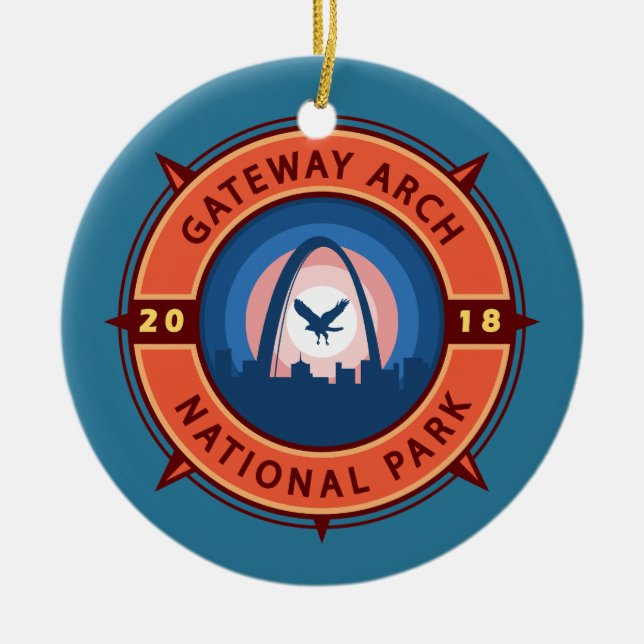 Gateway Arch National Park Retro Compass Emblem Ceramic Ornament (Front)