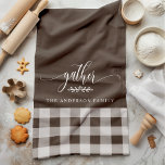 Gather Fall Brown & White Buffalo Check Kitchen Towel<br><div class="desc">Add a touch of warmth and charm to your kitchen with this Gather Fall Brown & White Buffalo Check Kitchen Towel. Featuring a classic buffalo plaid pattern with the word "gather" and a customizable family name, this kitchen towel is perfect for creating a cozy and inviting feel for your home...</div>