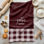 Gather Fall Burgundy & White Buffalo Check Kitchen Towel<br><div class="desc">Add a touch of warmth and charm to your kitchen with this Gather Fall Burgundy & White Buffalo Check Kitchen Towel. Featuring a classic buffalo plaid pattern with the word "gather" and a customizable family name, this kitchen towel is perfect for creating a cozy and inviting feel for your home...</div>