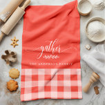 Gather Fall Coral & White Buffalo Check Kitchen Towel<br><div class="desc">Add a touch of warmth and charm to your kitchen with this Gather Fall Coral & White Buffalo Check Kitchen Towel. Featuring a classic buffalo plaid pattern with the word "gather" and a customizable family name, this kitchen towel is perfect for creating a cozy and inviting feel for your home...</div>