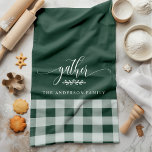 Gather Fall Green & White Buffalo Check Kitchen Towel<br><div class="desc">Add a touch of warmth and charm to your kitchen with this Gather Fall Green & White Buffalo Check Kitchen Towel. Featuring a classic buffalo plaid pattern with the word "gather" and a customizable family name, this kitchen towel is perfect for creating a cozy and inviting feel for your home...</div>