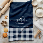 Gather Fall Navy & White Buffalo Check Kitchen Towel<br><div class="desc">Add a touch of warmth and charm to your kitchen with this Gather Fall Navy & White Buffalo Check Kitchen Towel. Featuring a classic buffalo plaid pattern with the word "gather" and a customizable family name, this kitchen towel is perfect for creating a cozy and inviting feel for your home...</div>