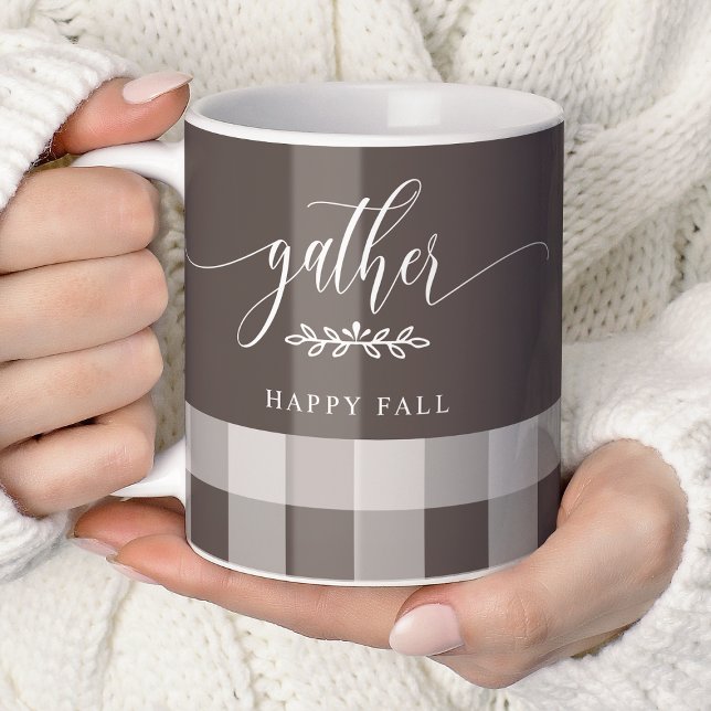 Gather Happy Fall Brown & White Buffalo Check Coffee Mug (Creator Uploaded)