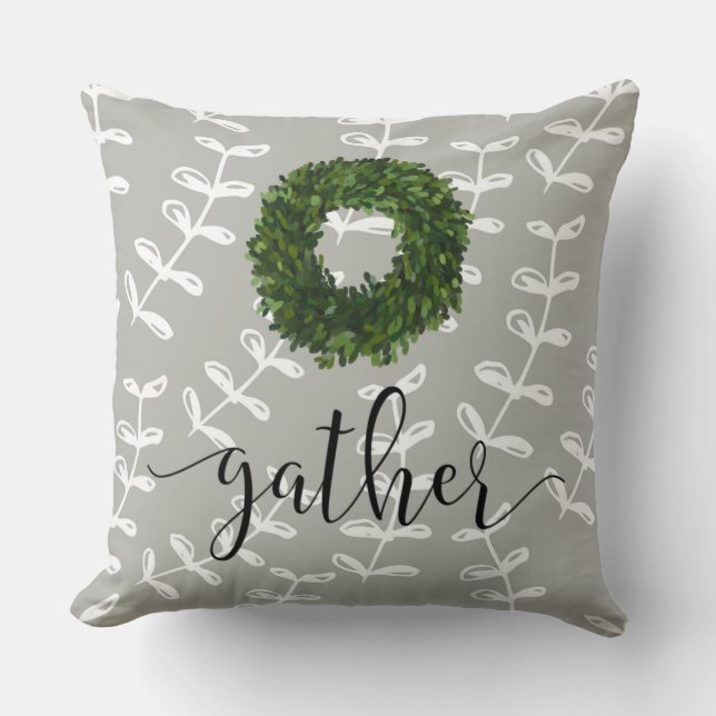 Gather Script Floral Modern Farmhouse Simple Throw Pillow (Front)