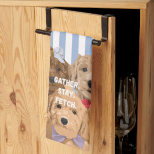 'Gather, Stay, Fetch.' Blue And White Striped Kitchen Towel