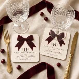 Gather Together Burgundy Velvet Bow Personalized Square Paper Coaster