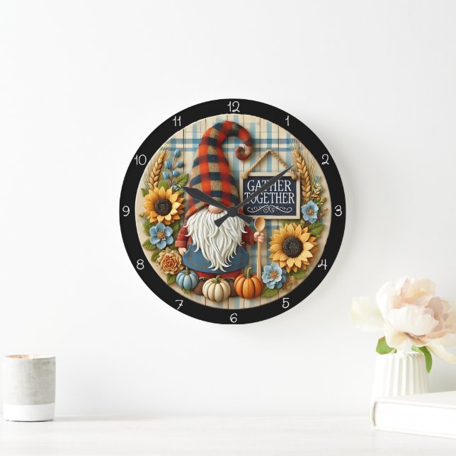 Gather Together Gnome Sunflowers Fall Large Clock (Home)