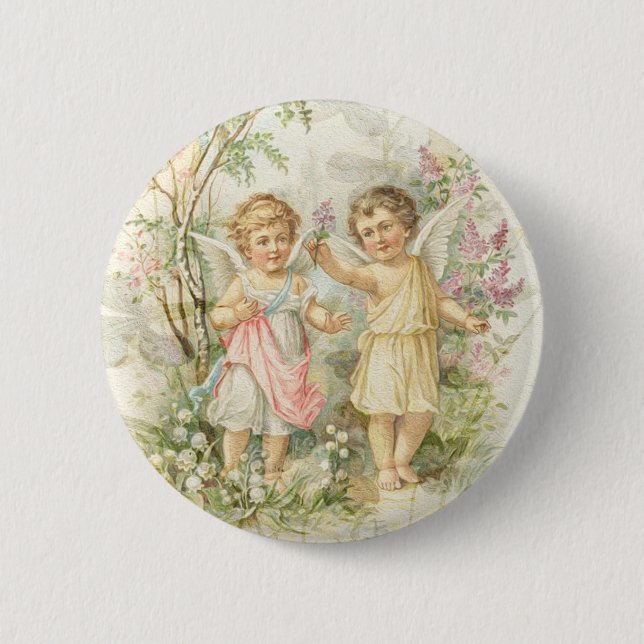 Gather - Two Angels Gathering Flowers 2 Inch Round Button (Front)