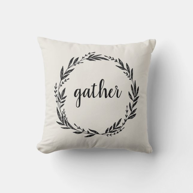 Gather Welcome Wreath Grey Throw Pillow (Front)