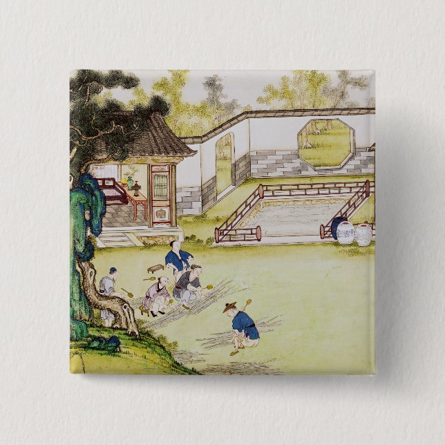 Gathering bamboo to make paper 2 inch square button (Front)