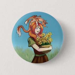 Gathering Flowers with a Dragon 2 Inch Round Button