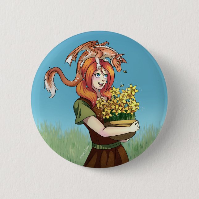 Gathering Flowers with a Dragon 2 Inch Round Button (Front)