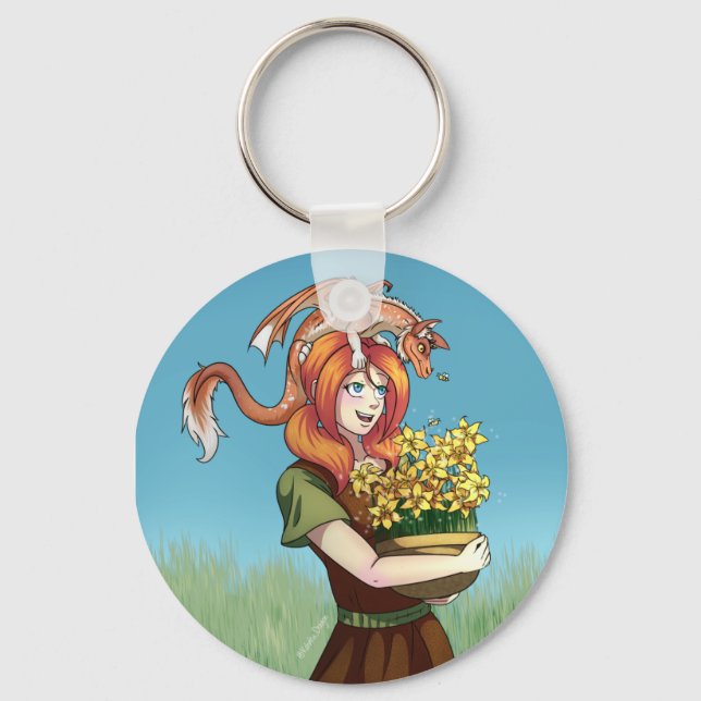 Gathering Flowers with a Dragon Keychain (Front)