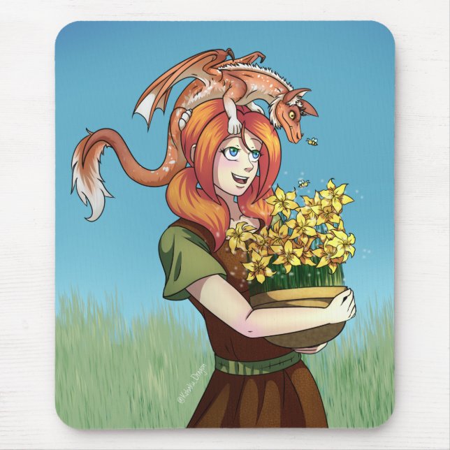 Gathering Flowers with a Dragon Mouse Pad (Front)