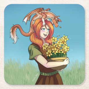 Gathering Flowers with a Dragon Square Paper Coaster