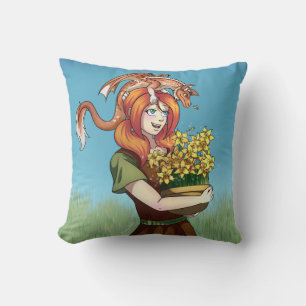 Gathering Flowers with a Dragon Throw Pillow