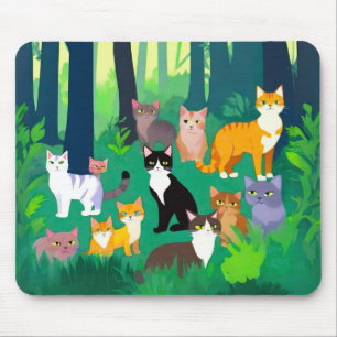 Gathering of Cats in a Shady Forest Glade Mouse Pad