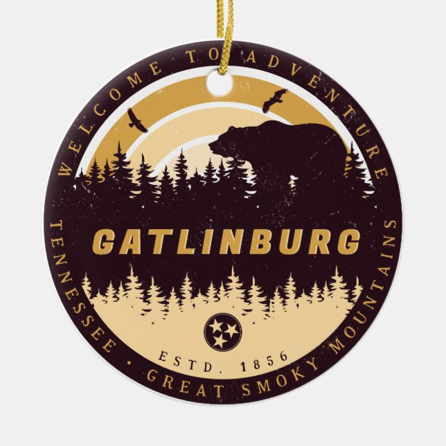 Gatlinburg Tennessee Bear Pine Trees Nature Ceramic Ornament (Front)