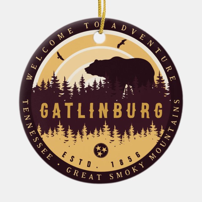 Gatlinburg Tennessee Bear Pine Trees Nature Ceramic Ornament (Front)