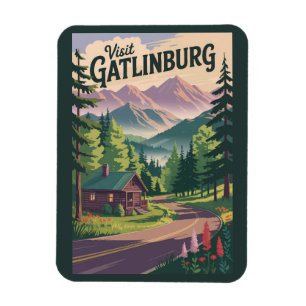 Gatlinburg Tennessee Cabin Travel Art Vintage Magnet