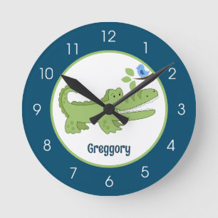 Gator Crocodile Navy Blue Green Jungle Safari  Round Clock