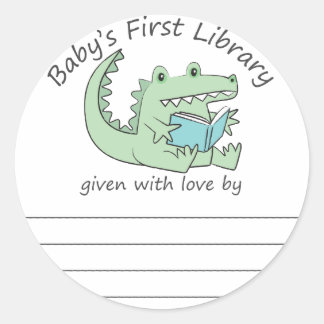 Gator reading baby's first library bookplate classic round sticker