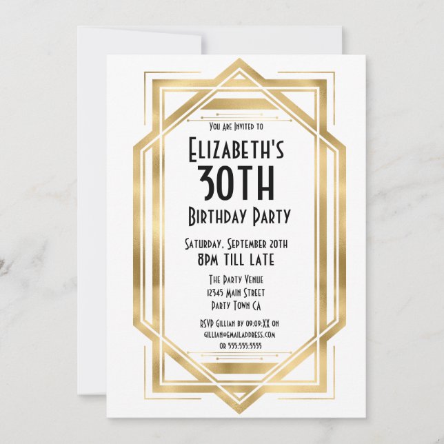 Gatsby 1920s Art Deco White | Gold 30th Birthday Invitation (Front)