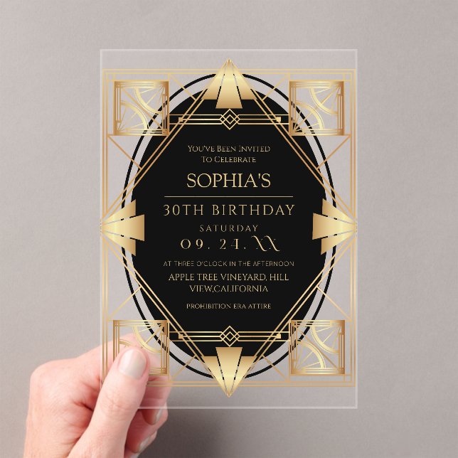 Gatsby Art Deco Birthday Party Acrylic Invitations (Insitu (Handheld))