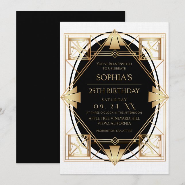 Gatsby Art Deco Black 25th Birthday Party Invitation (Front/Back)