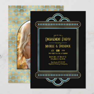 Gatsby Art Deco Blue & Gold Engagement Party Photo Invitation
