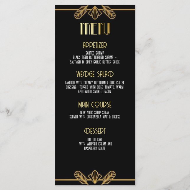 Gatsby, Art Deco, murder mystery, menu (Devant)