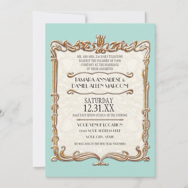 Gatsby Art Deco Nouveau Lace Faux Gold Tulip Invitation (Front)