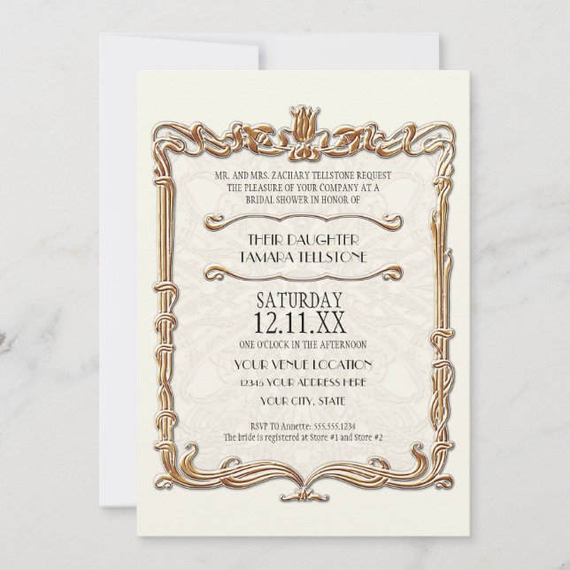 Gatsby Art Deco Nouveau Lace Faux Gold Tulip Invitation (Front)
