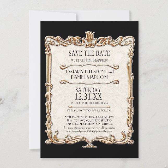 Gatsby Art Deco Nouveau Lace Faux Gold Tulip Invitation (Front)