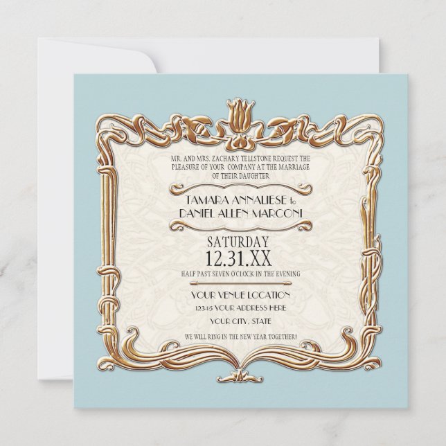 Gatsby Art Deco Nouveau Lace Faux Gold Tulip Invitation (Front)