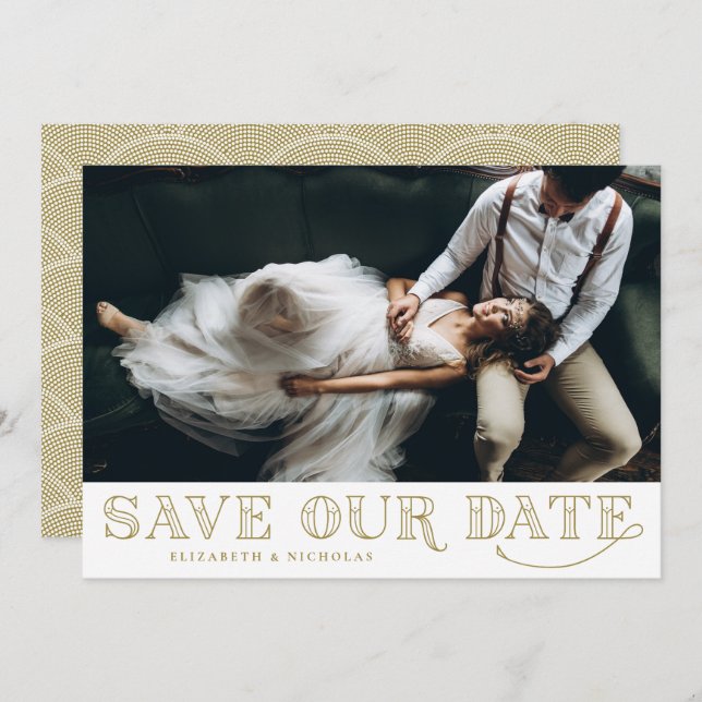 Gatsby Art Deco Typography Gold Save the Date (Front/Back)