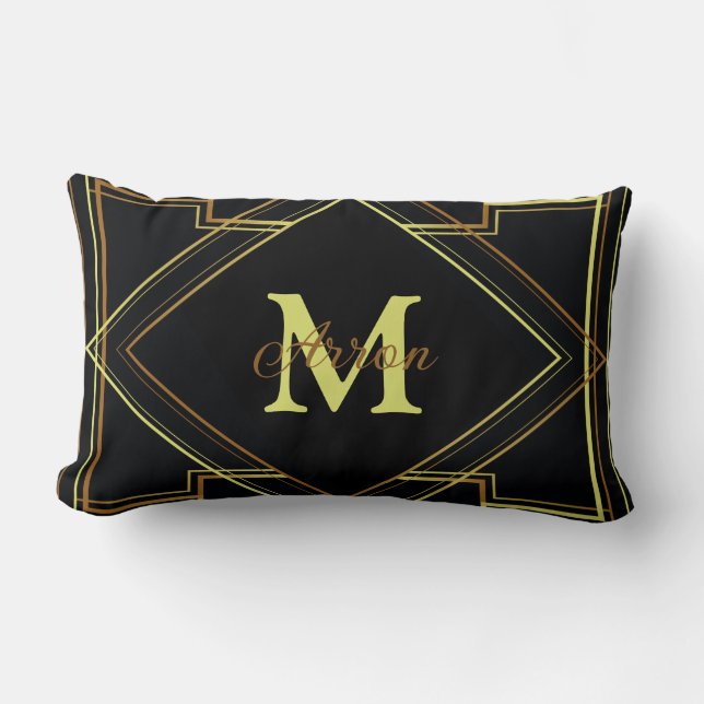 gatsby black and gold geometric pattern art deco lumbar pillow (Front)