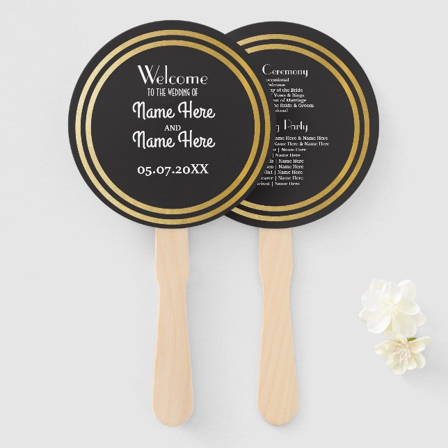 Gatsby Black Art Deco Wedding Programme Hand Fan (Front and Back)