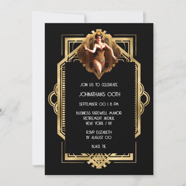 Gatsby Flapper girl black gold 1920's theme party Invitation (Front)