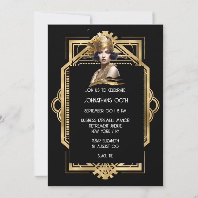 Gatsby Flapper girl black gold 1920's theme photo Invitation (Front)