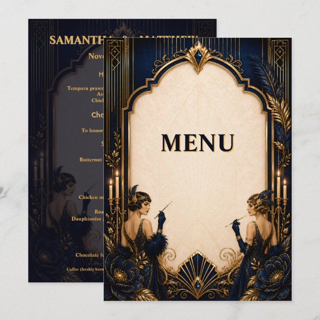 Gatsby flapper girls art deco wedding dinner menu (Front/Back)