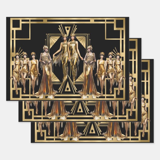 Gatsby flapper girls gold black theme event wrapping paper sheet (Set)