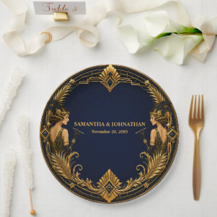 Gatsby flapper girls navy gold wedding dinner paper plate