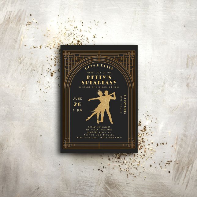 Gatsby Flapper Speakeasy Roaring 20s Gold Birthday Invitation (gatsby party invitation speakeasy roaring 1920 twenties nouveau deco flapper prohibition)