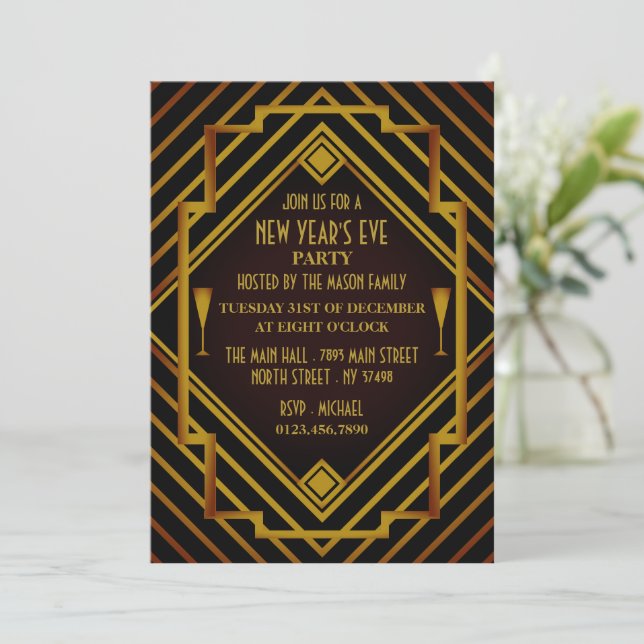 Gatsby Gold 1920's New Year Party Invitation (Standing Front)