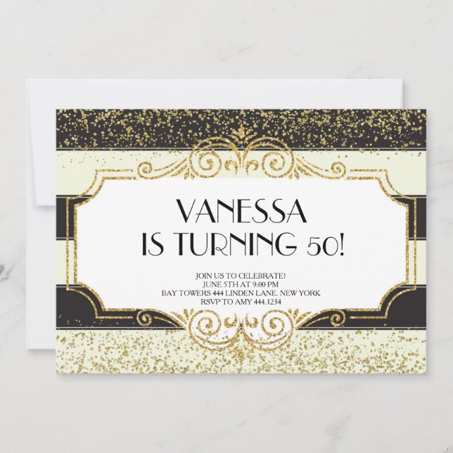 Gatsby Gold Black Glitter 50th Birthday Invitation (Front)