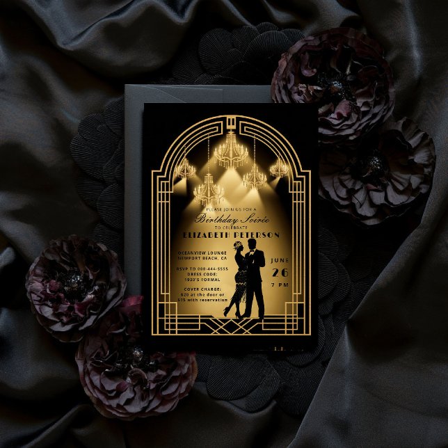 Gatsby Roaring Twenties Deco Chandeliers Birthday Invitation (gatsby party invitation roaring twenties 1920s art deco nouveau arch gold business corporate event)