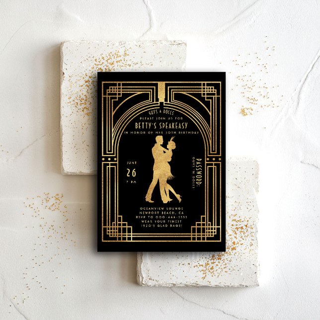Gatsby Speakeasy Nouveau Flapper Dance Birthday Invitation (gatsby party invitation speakeasy roaring 1920 twenties nouveau deco prohibition flapper dance gold )