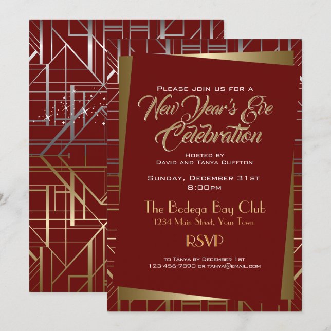 Gatsby Style NYE  Gold Silver  CHOOSE COLOR Invitation (Front/Back)